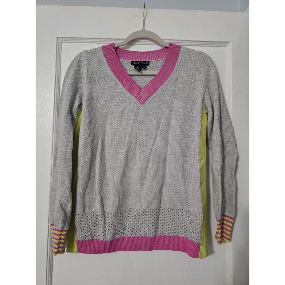 Peace Of Cloth V Neck Pullover Gray Sweater Pink Green Accent 100% Cotton‎ Small